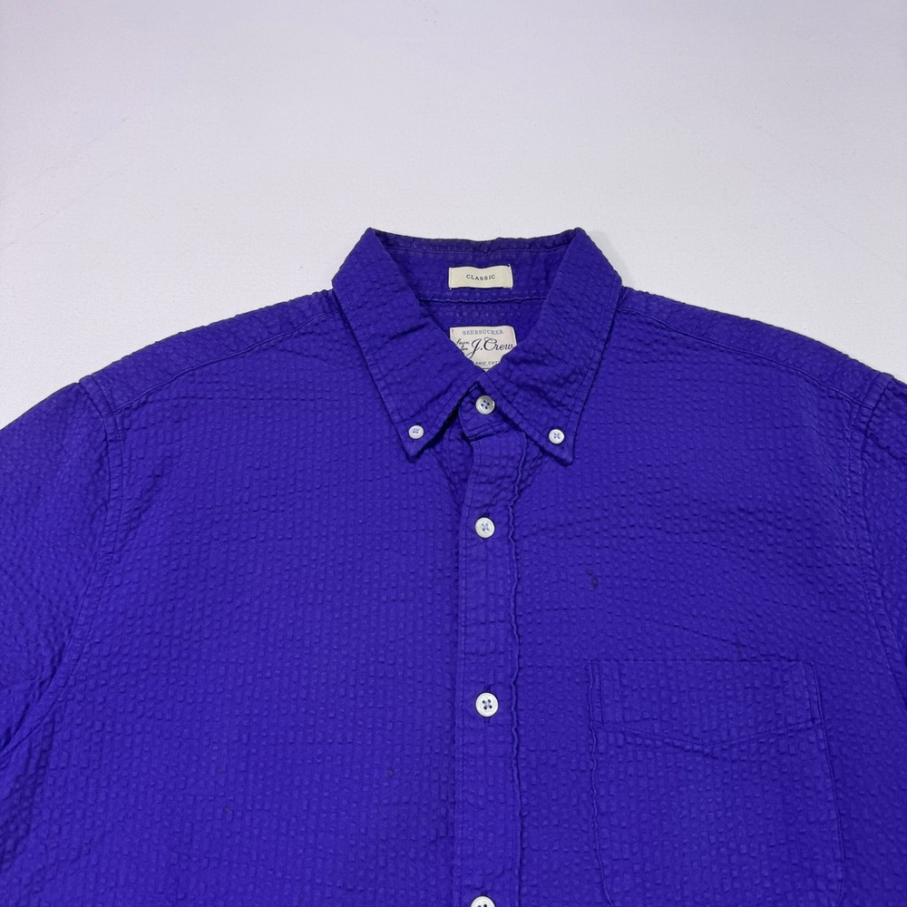 J. Crew Mens Seersucker Shirt Medium Purple Organic Cotton Short Sleeve Classic